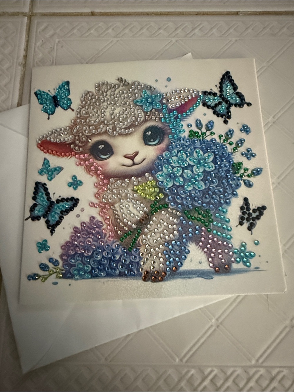 Sparkling Lamb Diamond Art Canvas with Blue Floral Bouquet